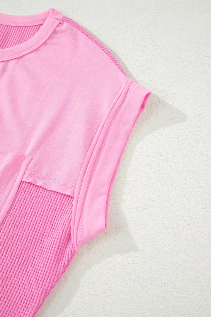 Waffle knit patchwork raw seam pocket tee