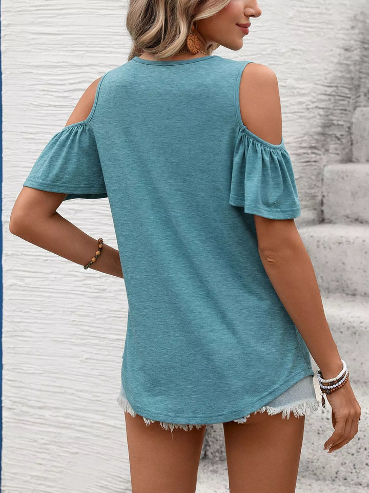 Cold shoulder V-neck top with ruched chest and ruffle sleeves