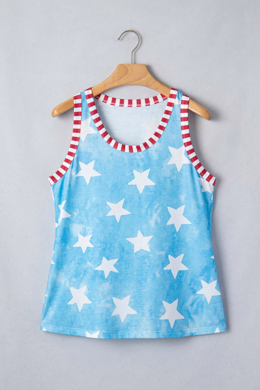 Star print tie-dye tank top with striped trim