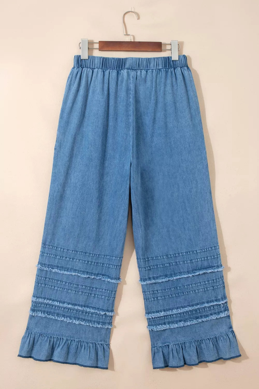 Wide-leg chambray pants with drawstring waist and ruffle hem