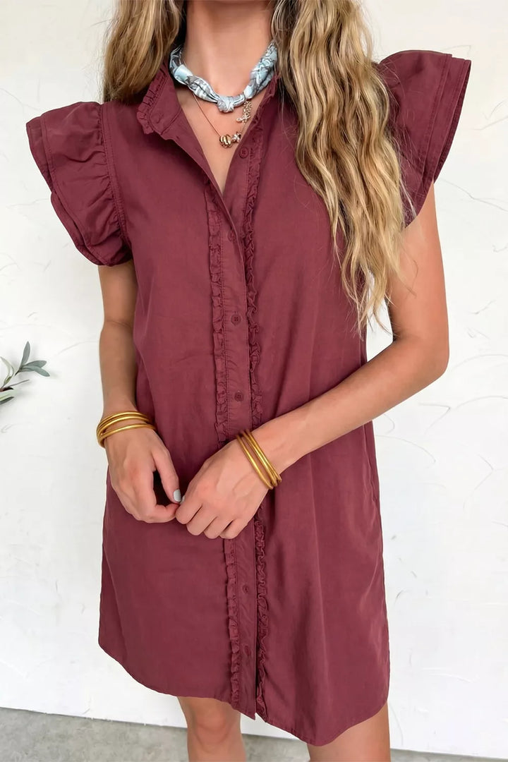 Ruffle placket flutter sleeve denim mini dress