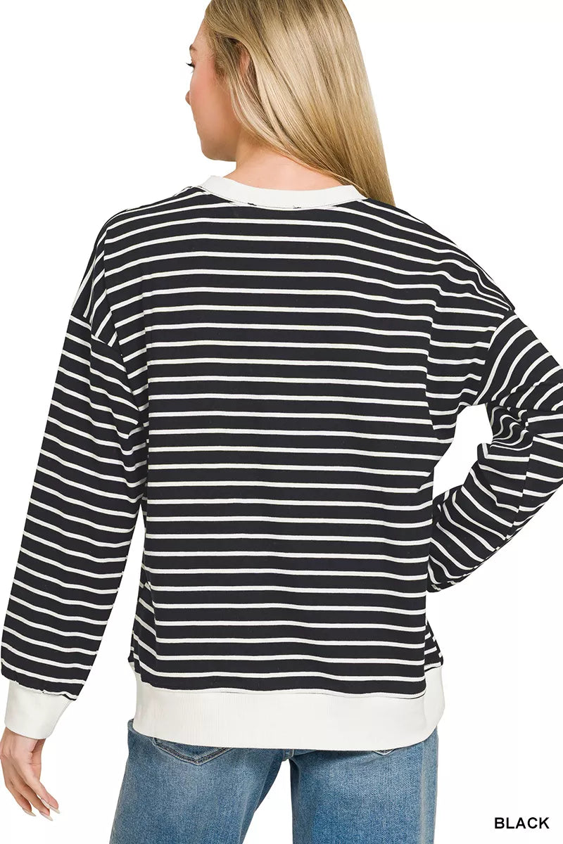 Striped crewneck pullover with contrast ribbed trim
