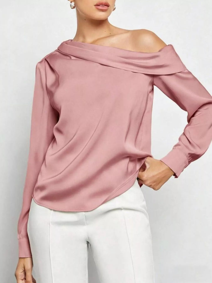 Draped one-shoulder satin blouse with long sleeves and button cuffs