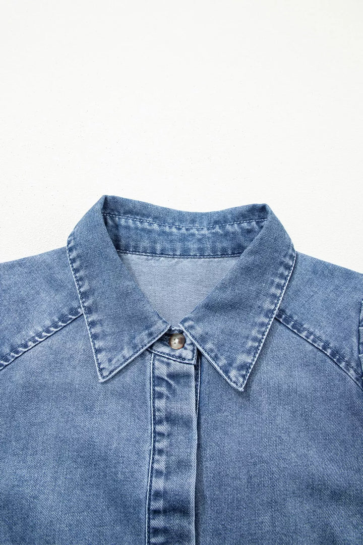 Puff half-sleeve collared denim button-down shirt