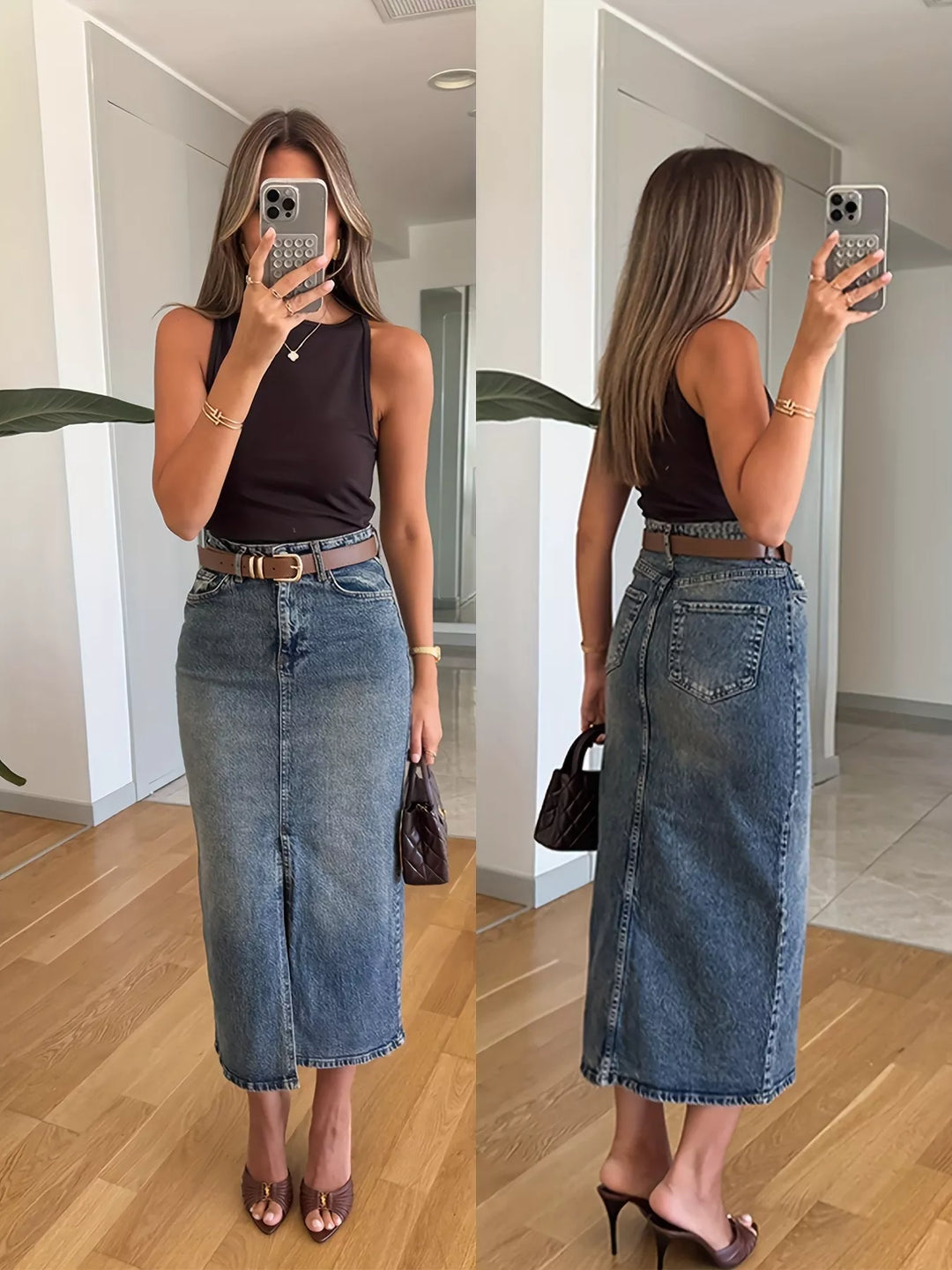 High-rise midi denim skirt with front slit