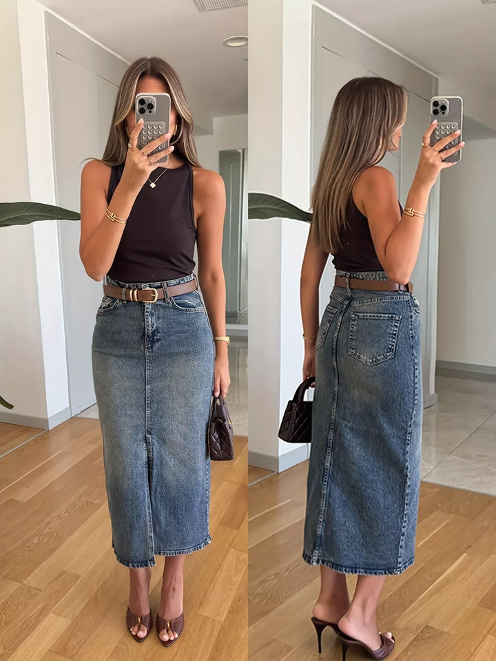 High-rise midi denim skirt with front slit