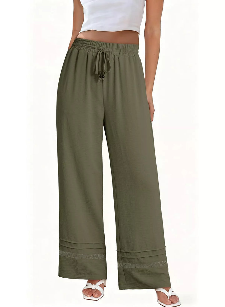 Wide leg drawstring pants with embroidered lace hem