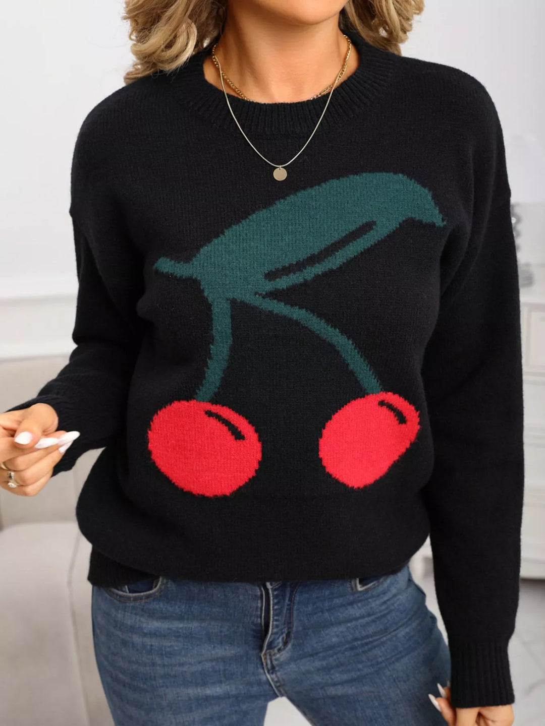 Black Cherry motif crew neck long sleeve knit sweater