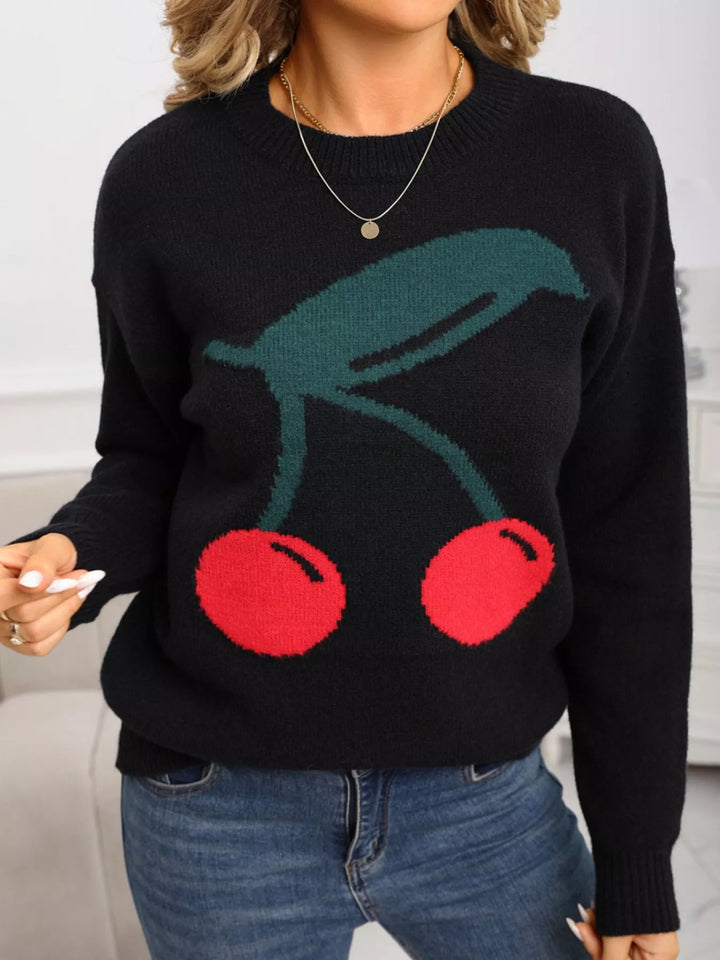 Black Cherry motif crew neck long sleeve knit sweater