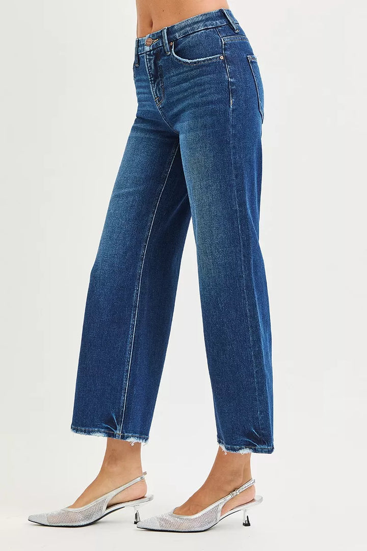 High-rise cropped wide leg jeans with raw frayed hem
