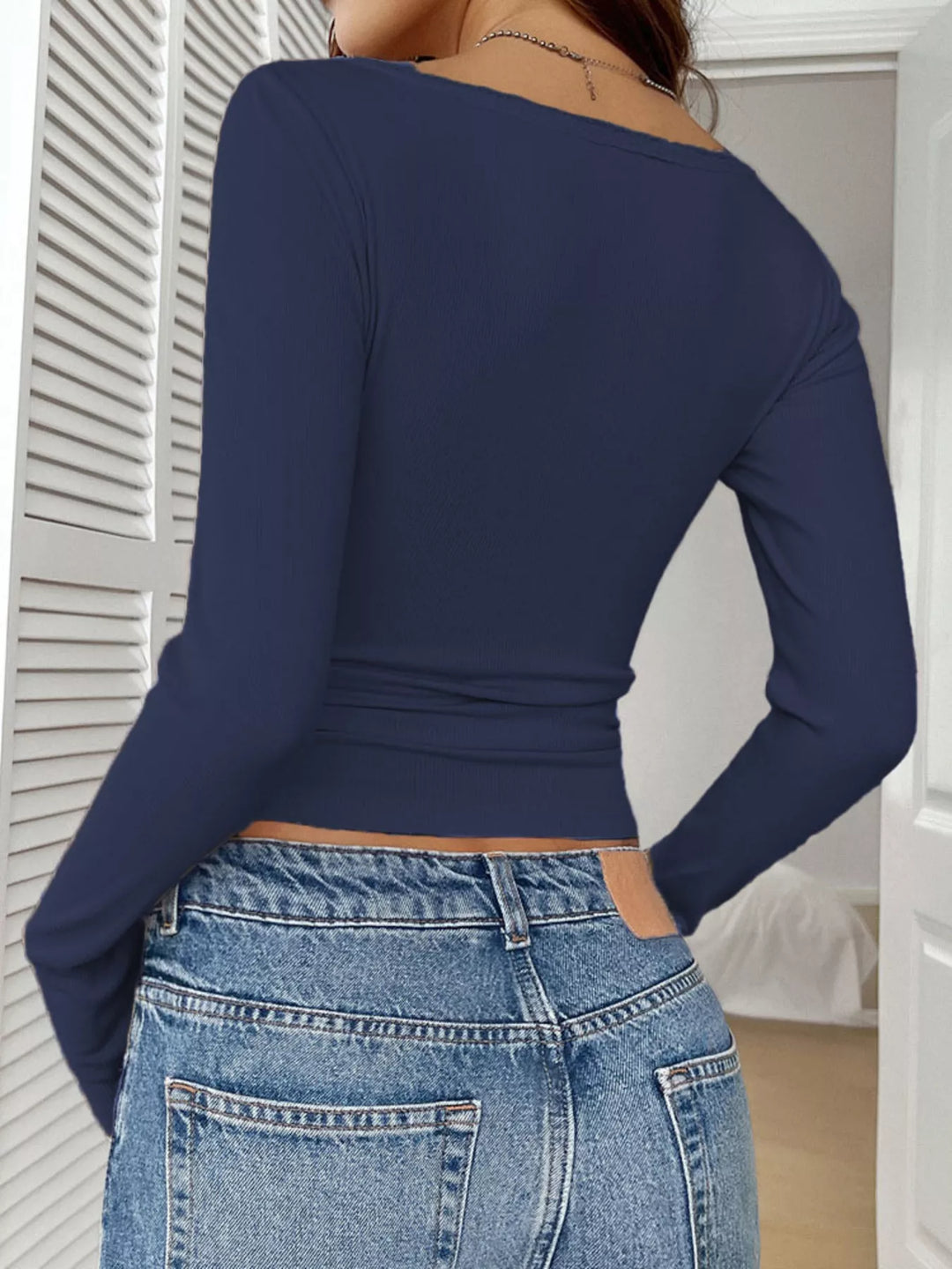 Ribbed knit lace-trim henley long sleeve top