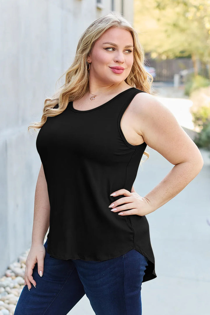 Round neck curved hem rayon tank top