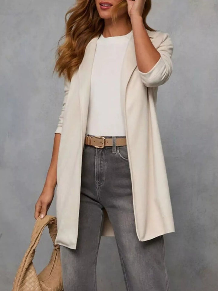 Open-front longline coat with notched lapel collar