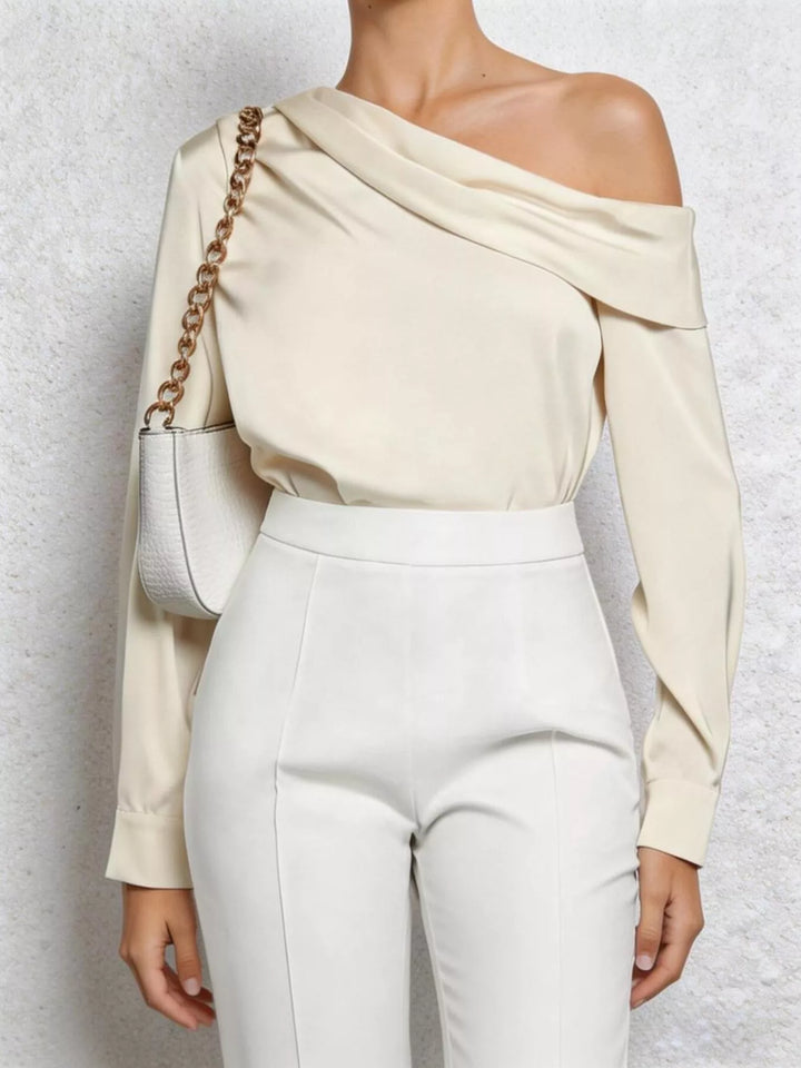 Draped one-shoulder long sleeve satin-finish blouse