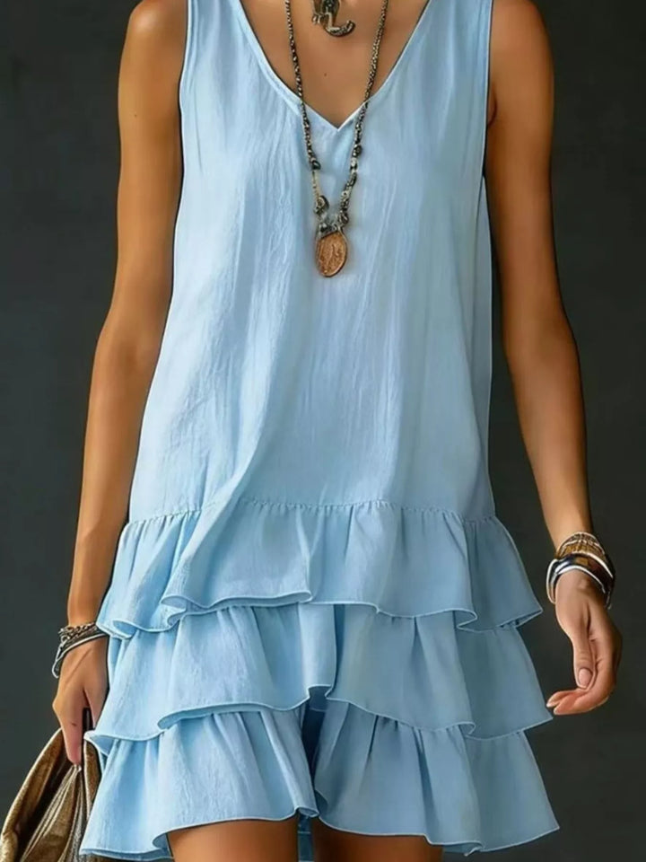 Tiered ruffle hem V-neck sleeveless mini dress