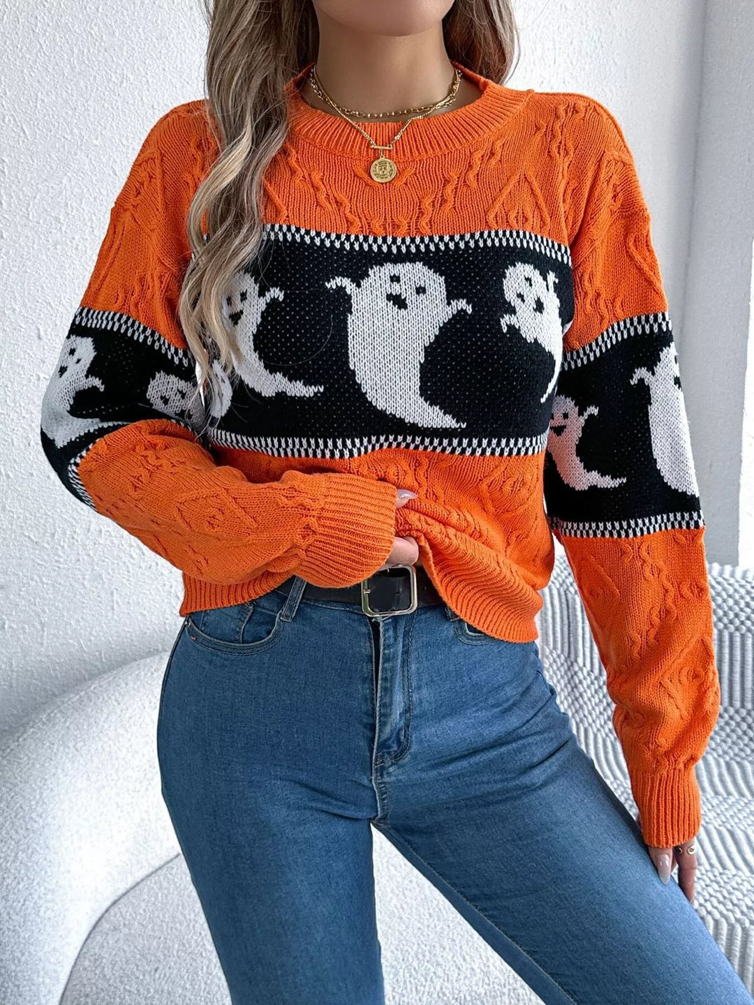 Ghost jacquard cable-knit crew neck sweater
