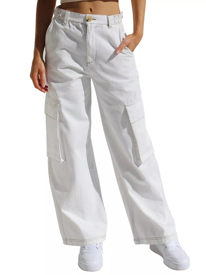 White High-rise wide-leg cargo jeans with flap pockets
