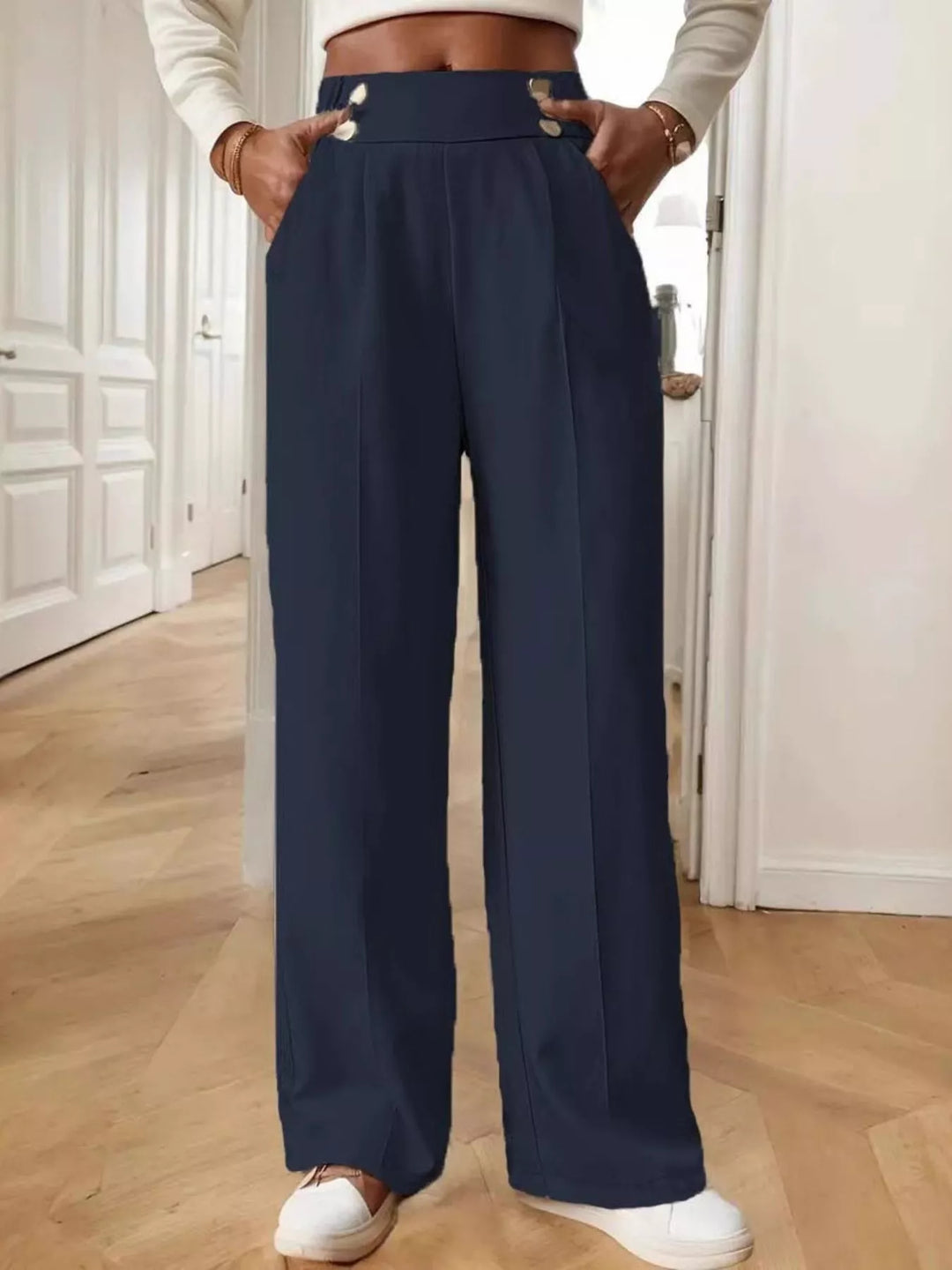 Navy Full Size High-Waisted Wide-Leg Pants Plus Size