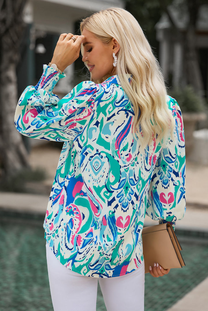 Abstract print lantern sleeve collared blouse