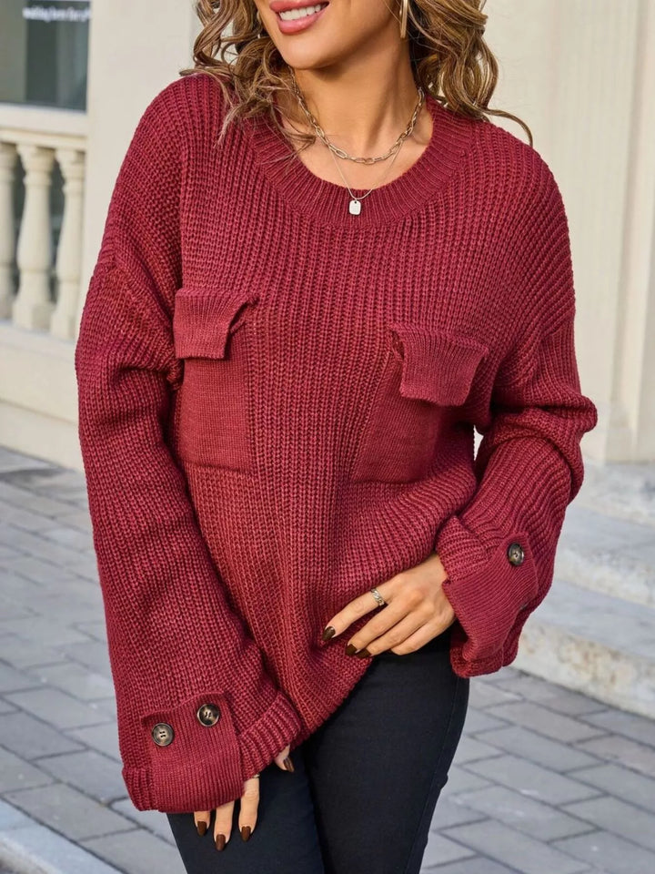 Wine Red Ribbed knit sweater with chest pockets and button cuffs
