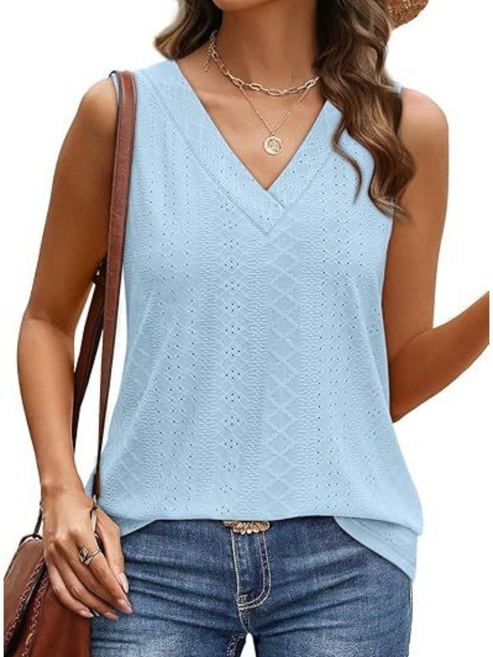 Eyelet V-neck sleeveless tank with diamond texture