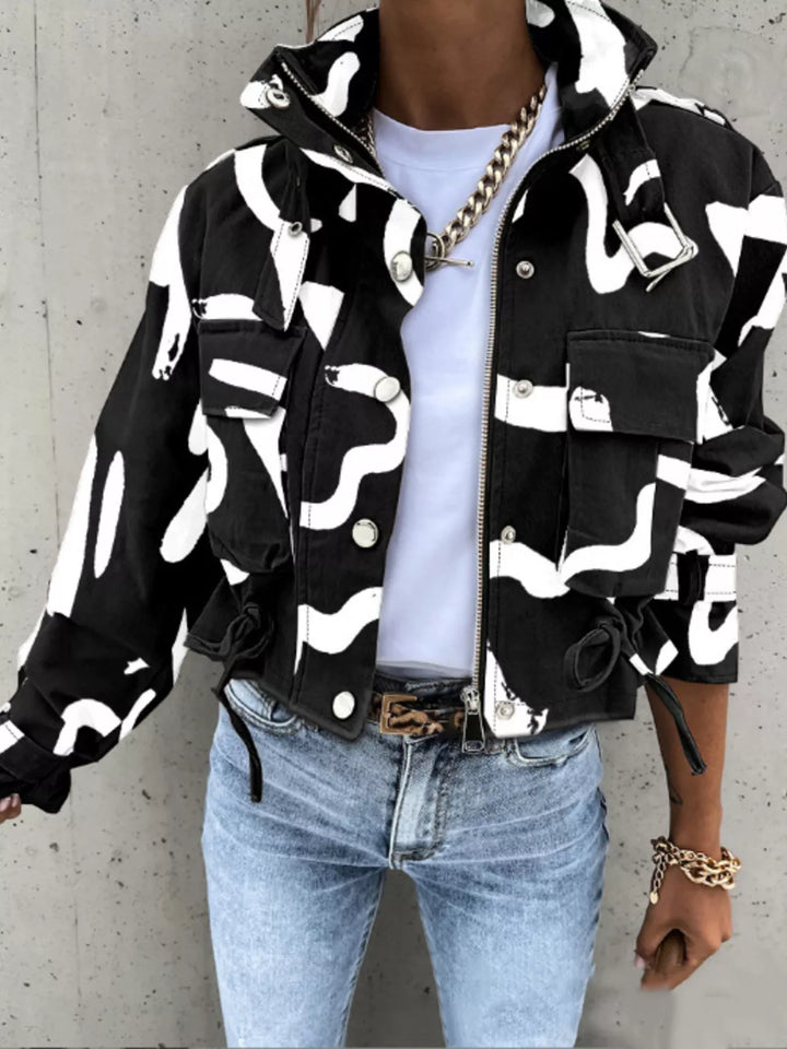 White Abstract print cropped utility jacket with drawstring hem