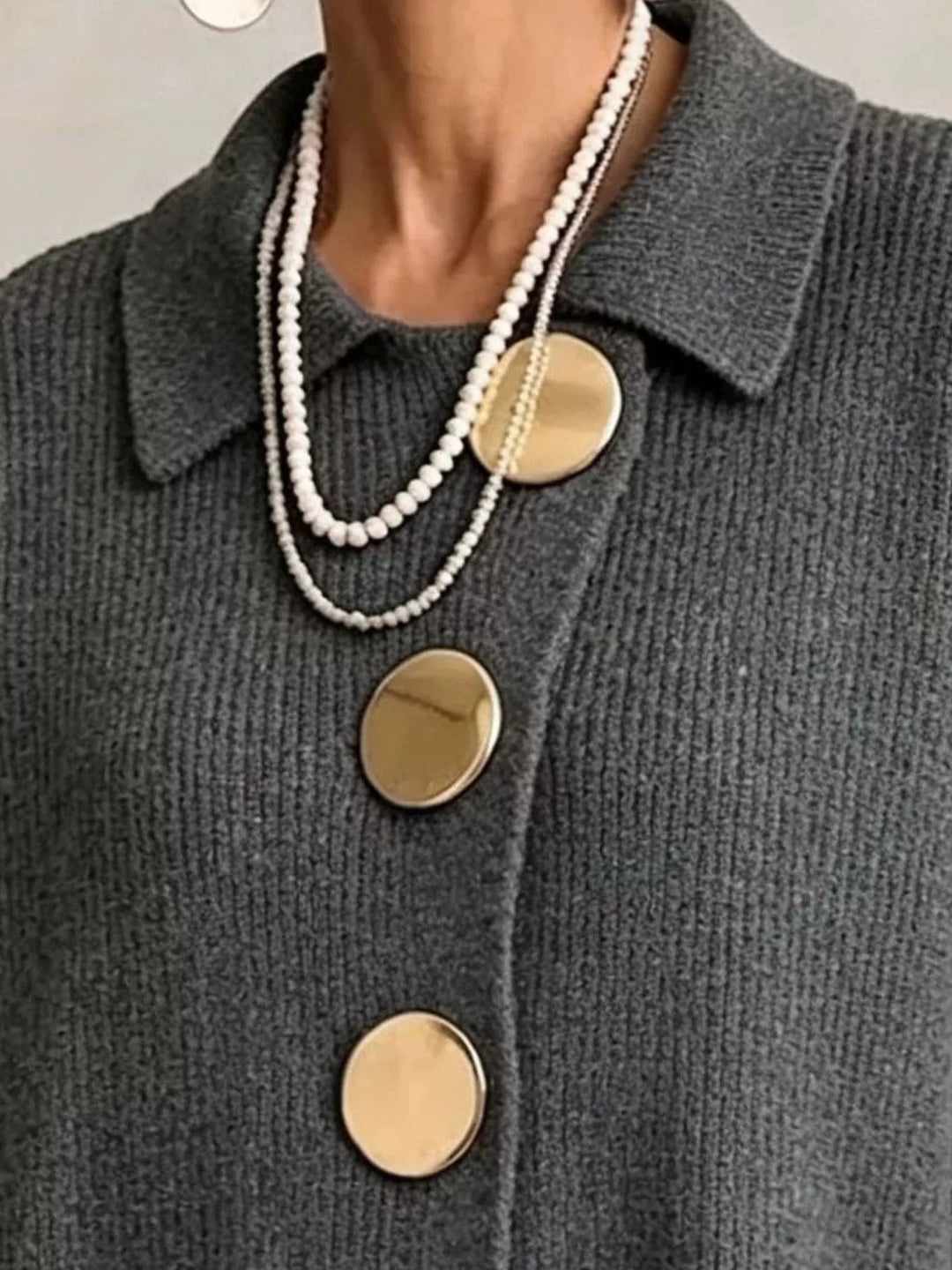 Oversized gold button ribbed knit collared cardigan