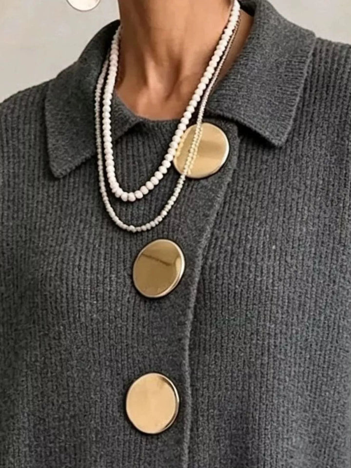 Oversized gold button ribbed knit collared cardigan