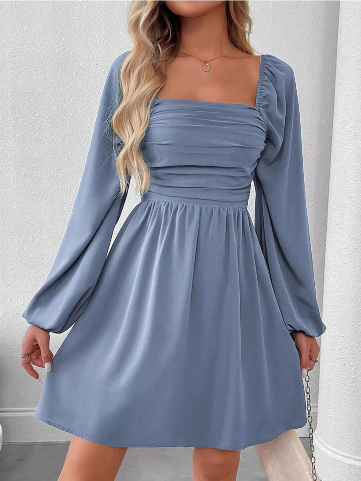 Blue Ruched square-neck balloon sleeve A-line mini dress