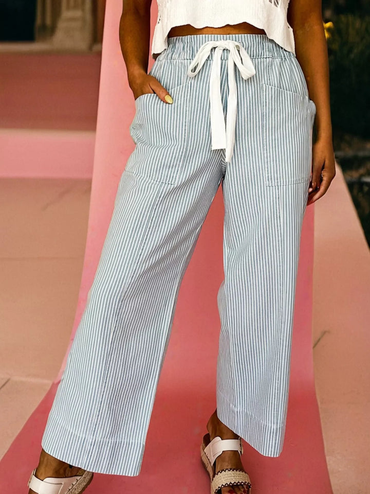 Light Blue Pinstripe drawstring wide-leg pants with patch pockets