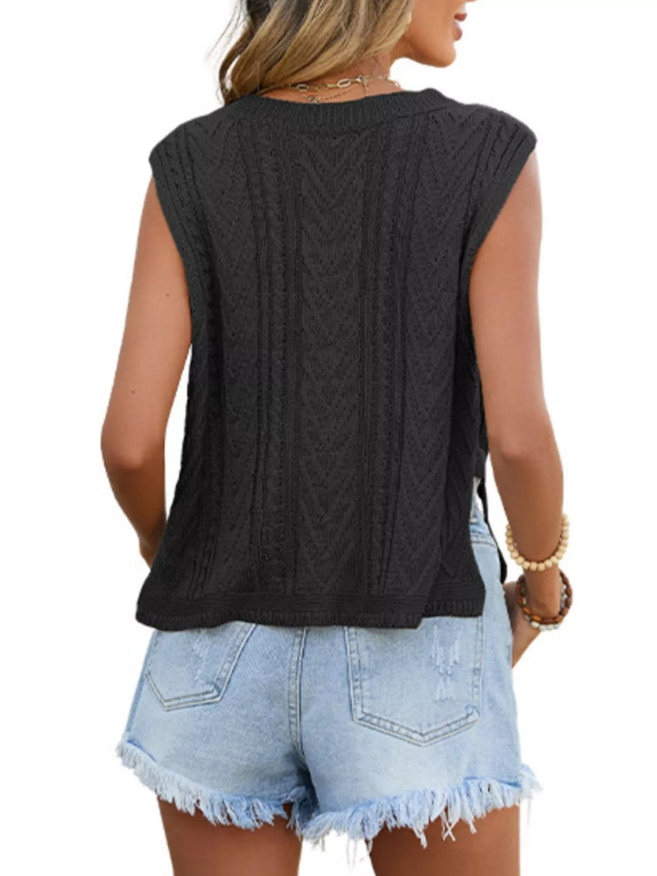 Cable knit sleeveless sweater vest with side slits