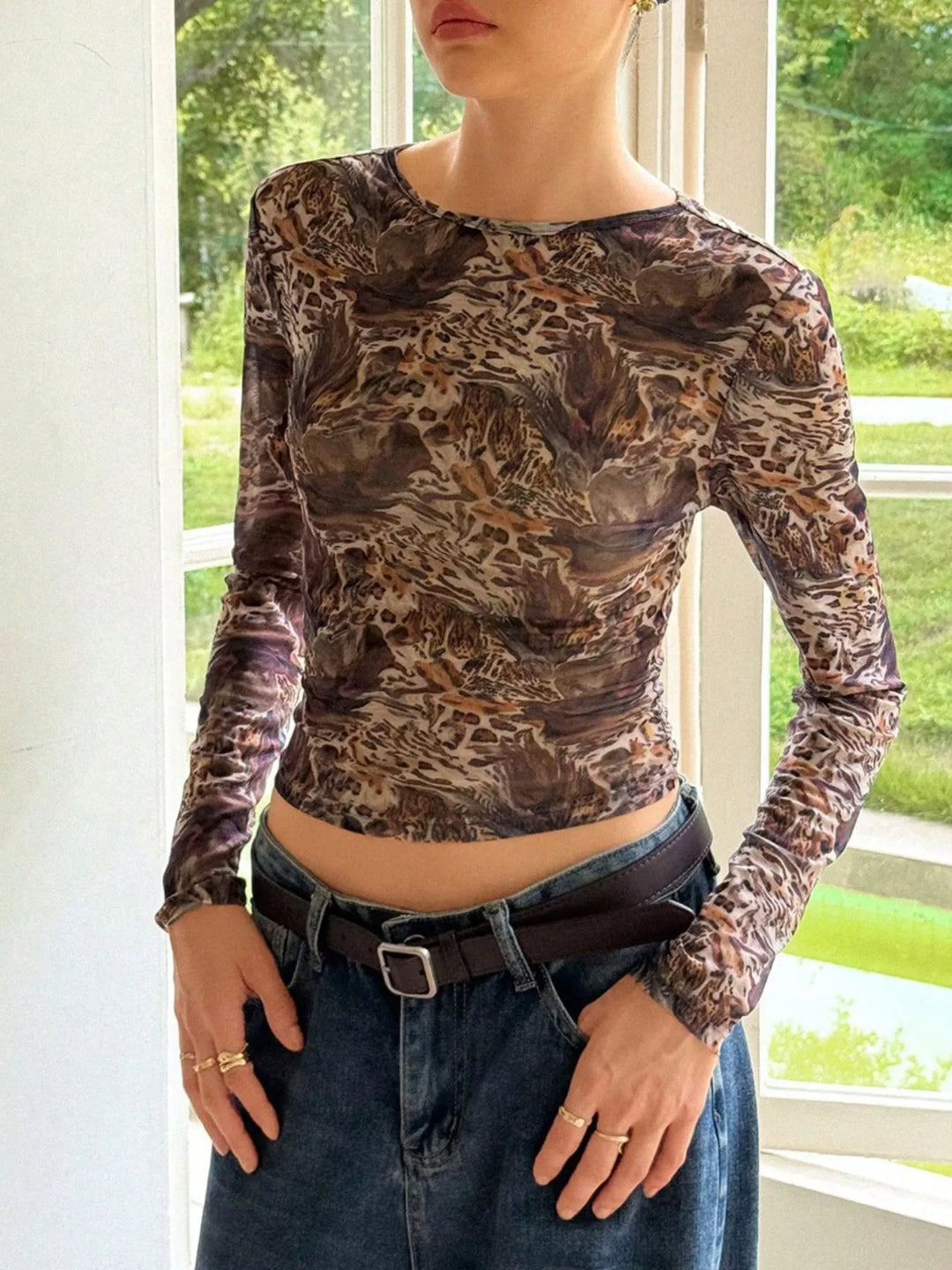 Brown Leopard print sheer mesh long sleeve crew neck top