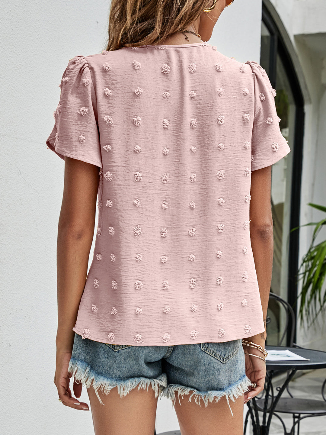 Swiss dot petal sleeve top with pleated round neck