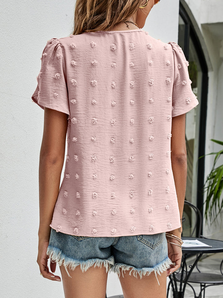 Swiss dot petal sleeve top with pleated round neck