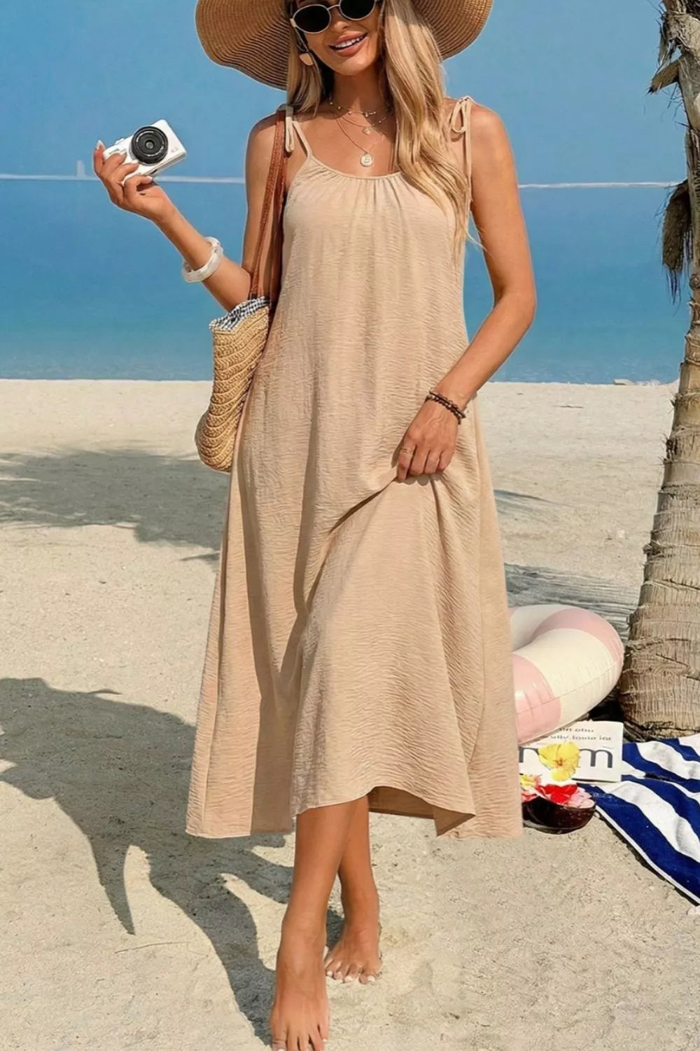 Tie-shoulder sleeveless flowy cotton midi dress