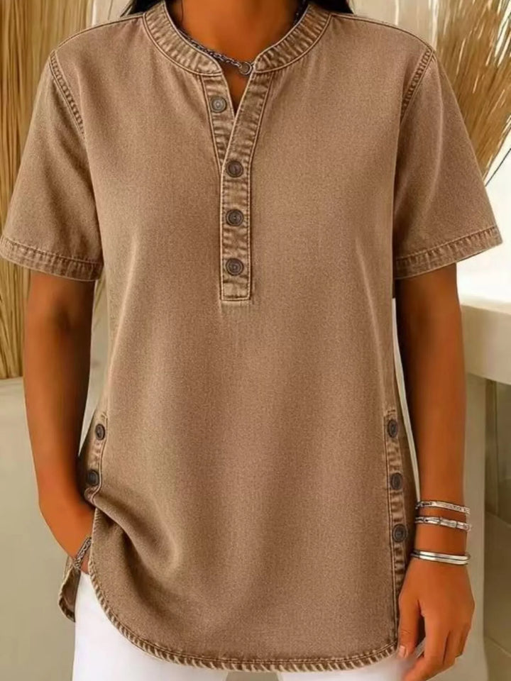 Khaki Denim-look button-front short sleeve blouse with side slits