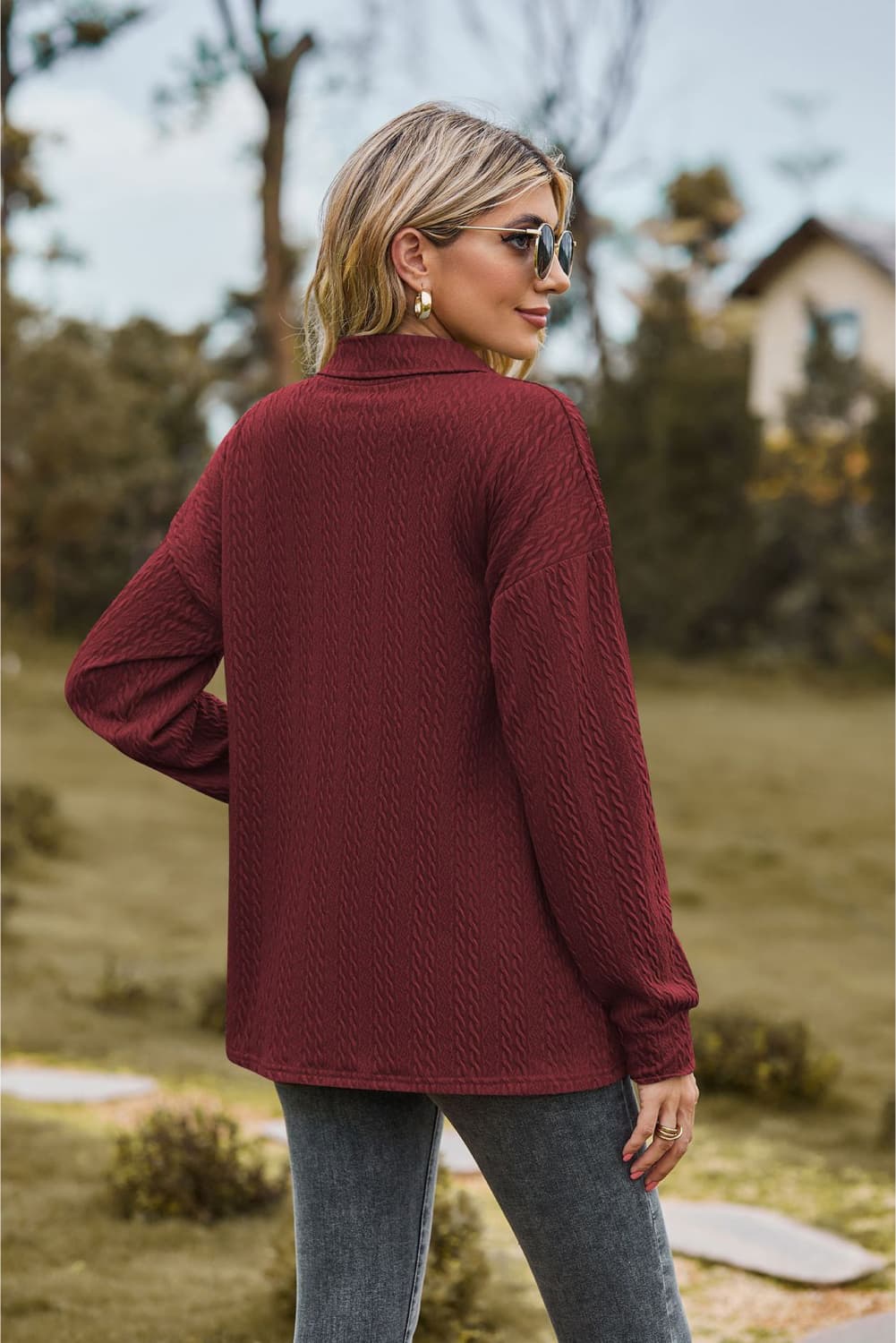 Textured knit collared top with half-button placket