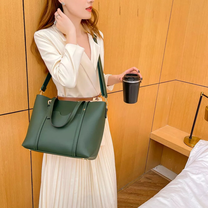 Faux leather tote bag with buckle strap and crossbody strap