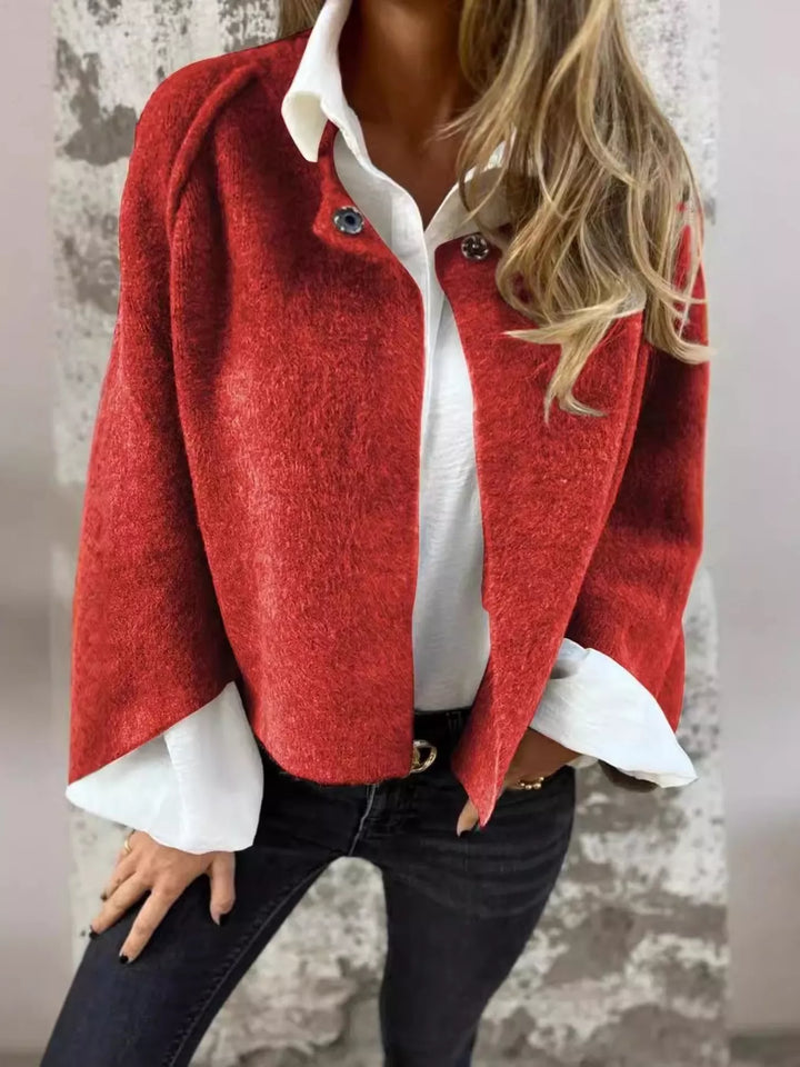Dropped shoulder fuzzy knit button-front cardigan