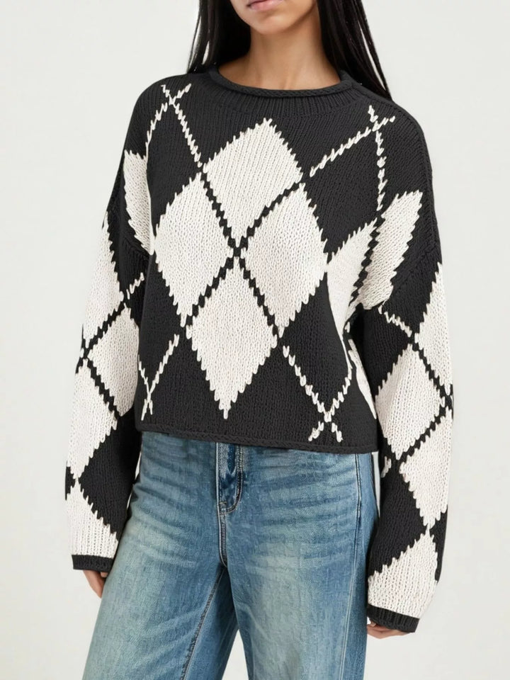 Argyle knit dropped shoulder sweater with ribbed trim