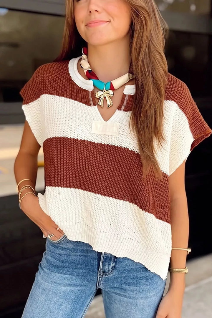 Wide stripe colorblock knit sweater with notch neck