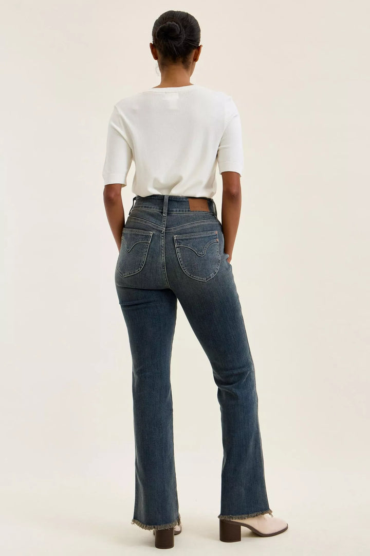 High-rise double-button frayed hem flare jeans