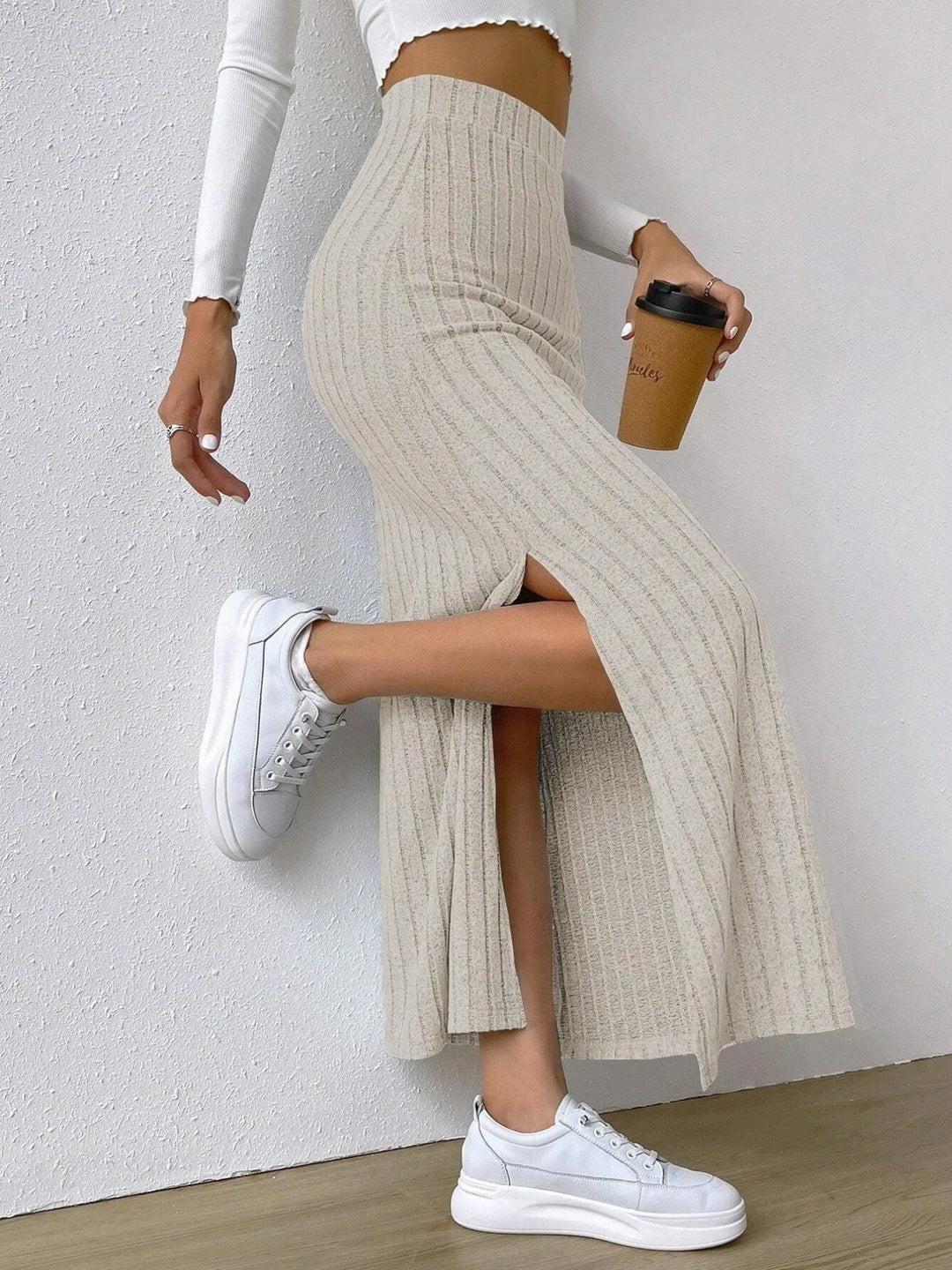 Apricot Ribbed knit high-waist maxi skirt with front slit