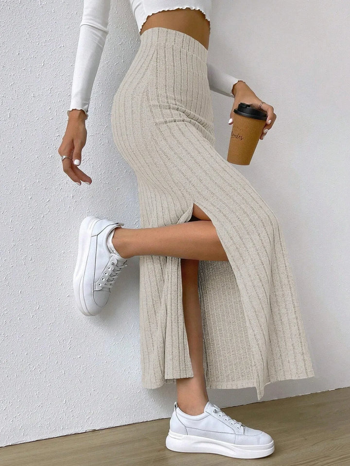 Apricot Ribbed knit high-waist maxi skirt with front slit