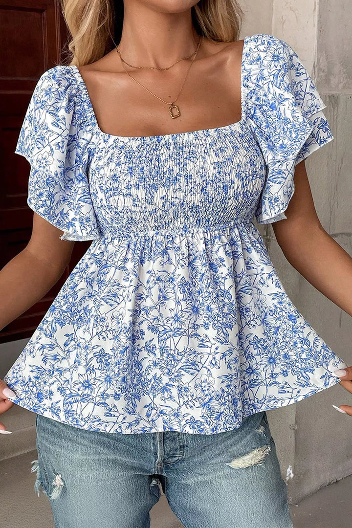 Light Blue Floral square neck smocked babydoll blouse with ruffle sleeves