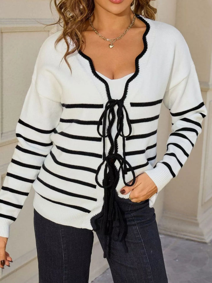 White Striped tie-front knit cardigan with contrast trim