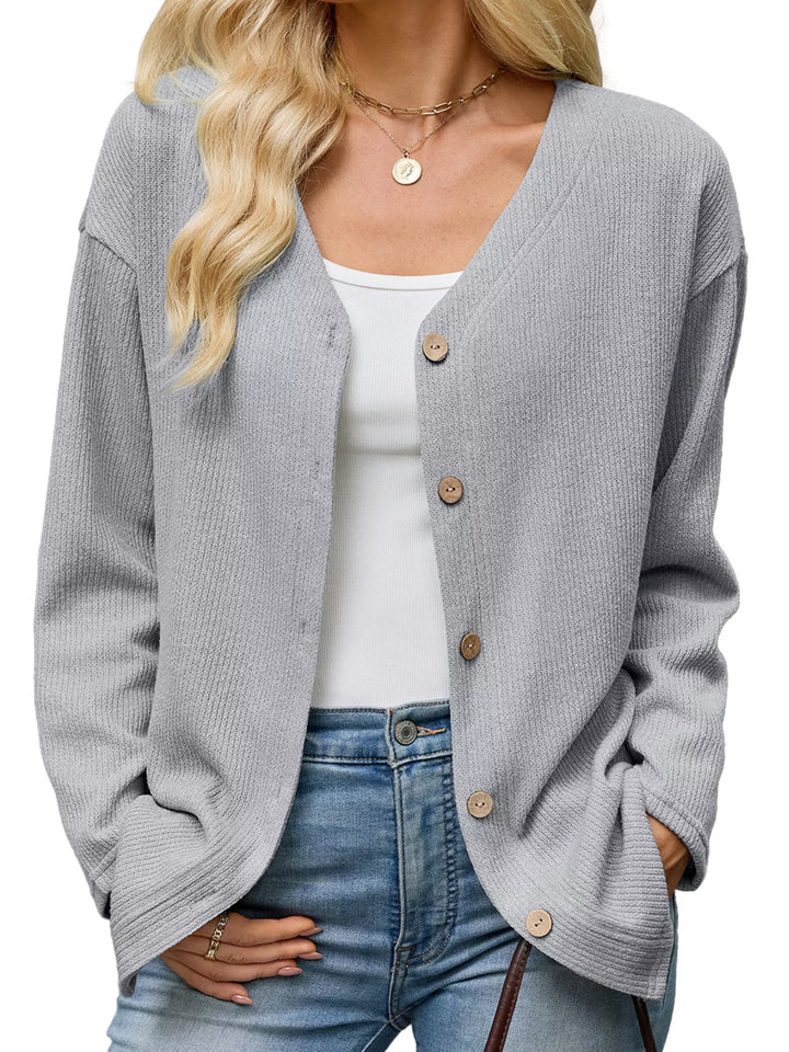 Gray Waffle knit V-neck button-down cardigan with pockets