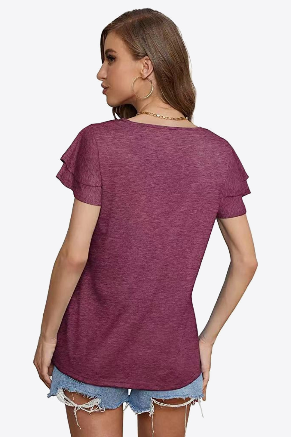 Tiered flutter sleeve blouse with split tie neck