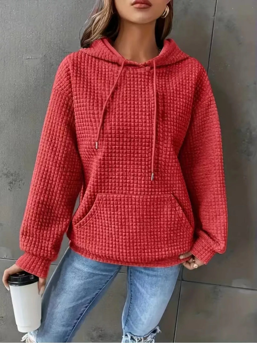 Textured waffle knit drawstring hoodie with kangaroo pocket