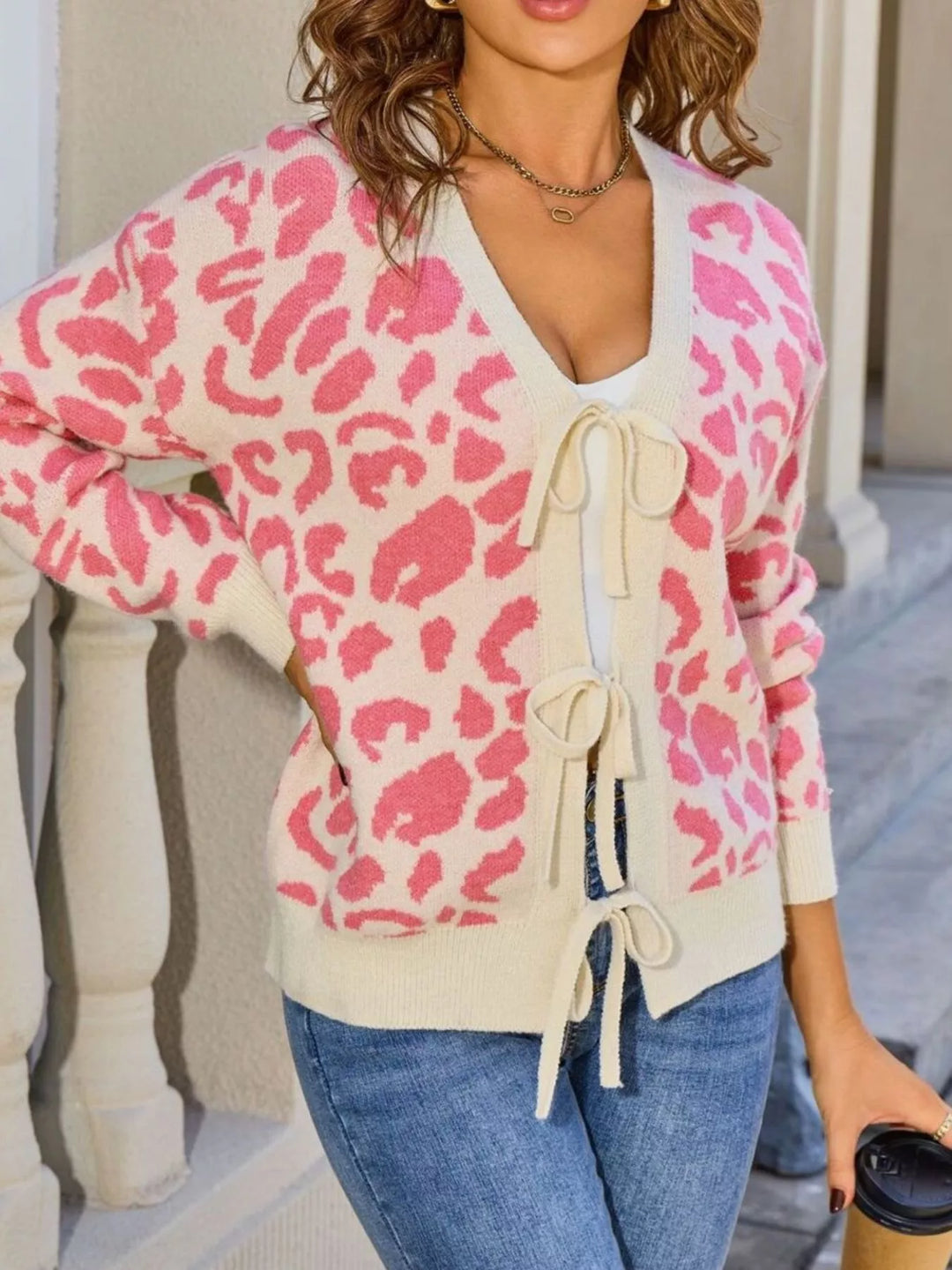 Long sleeve leopard print tie-front knit cardigan